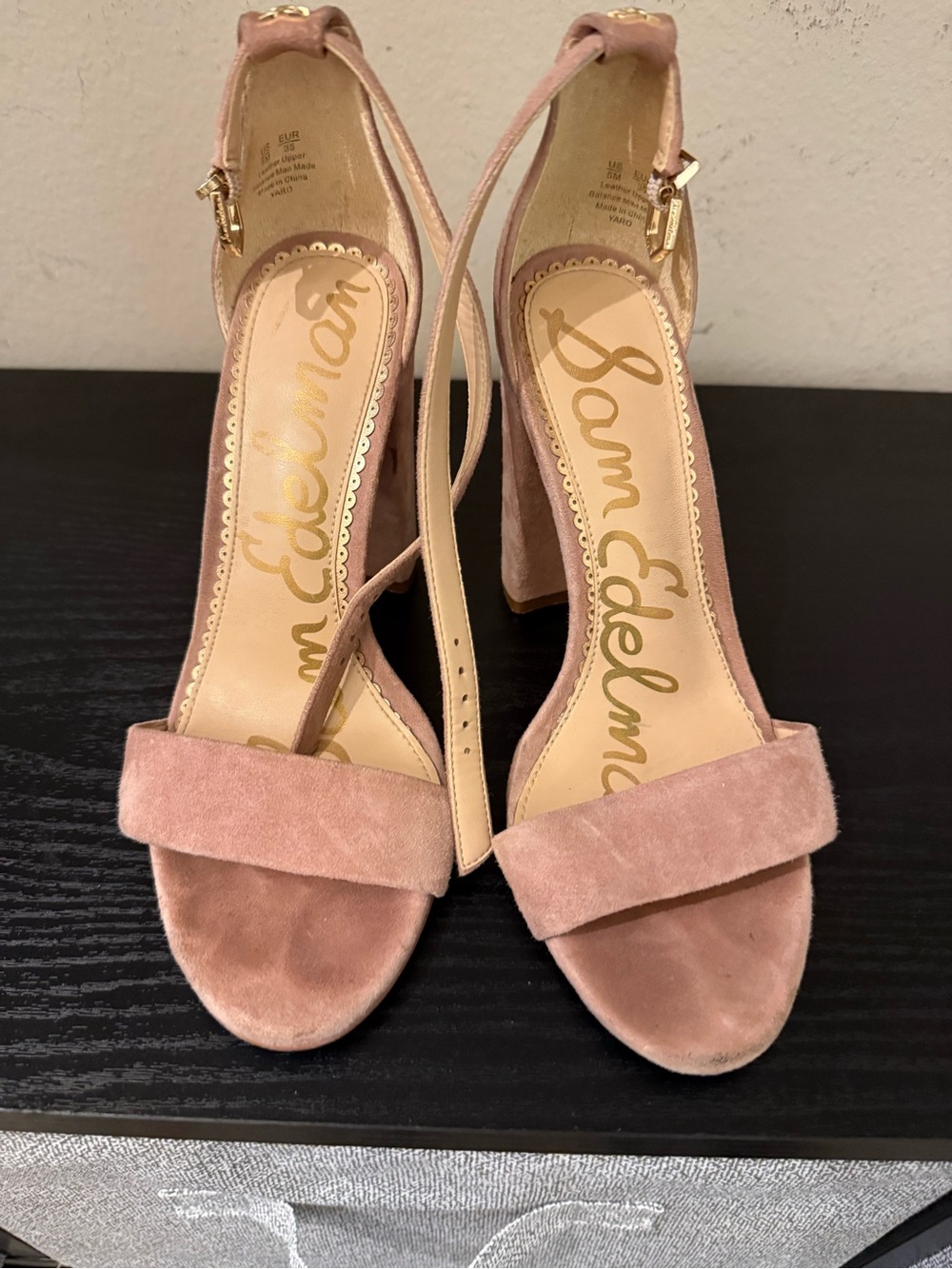 SAM. blush pink suede ankle-strap block heels